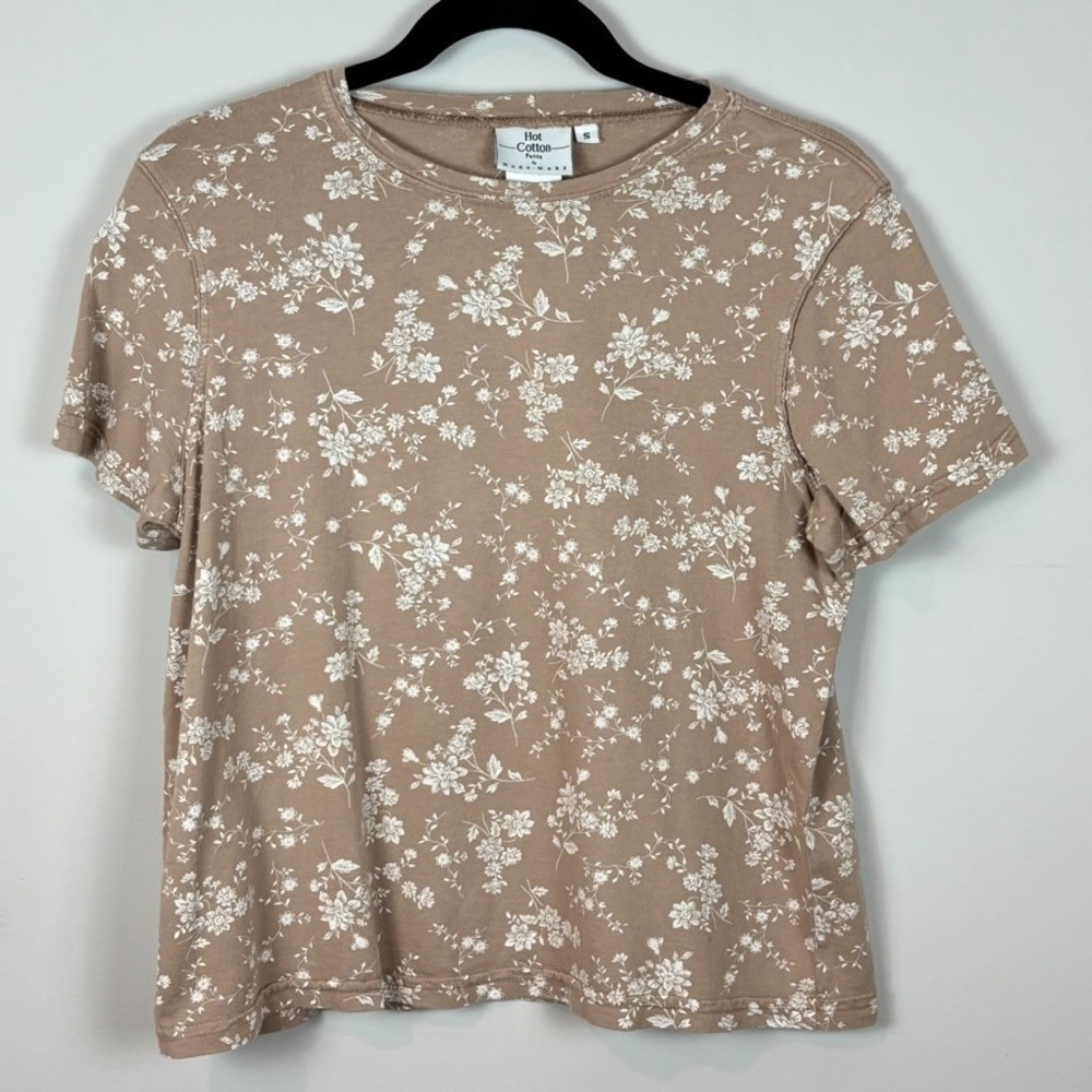 Hot Cotton Marc Ware Womens Brown Floral 100% Cotton Short Sleeve Tee Petite SM